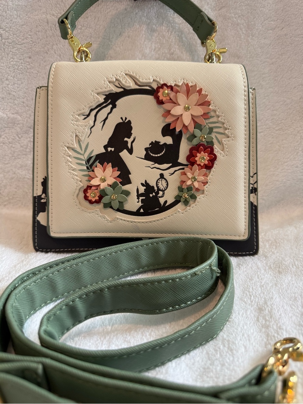 Loungefly Cream Floral Alice Silhouette Top-Handle Bag with Sage Strap